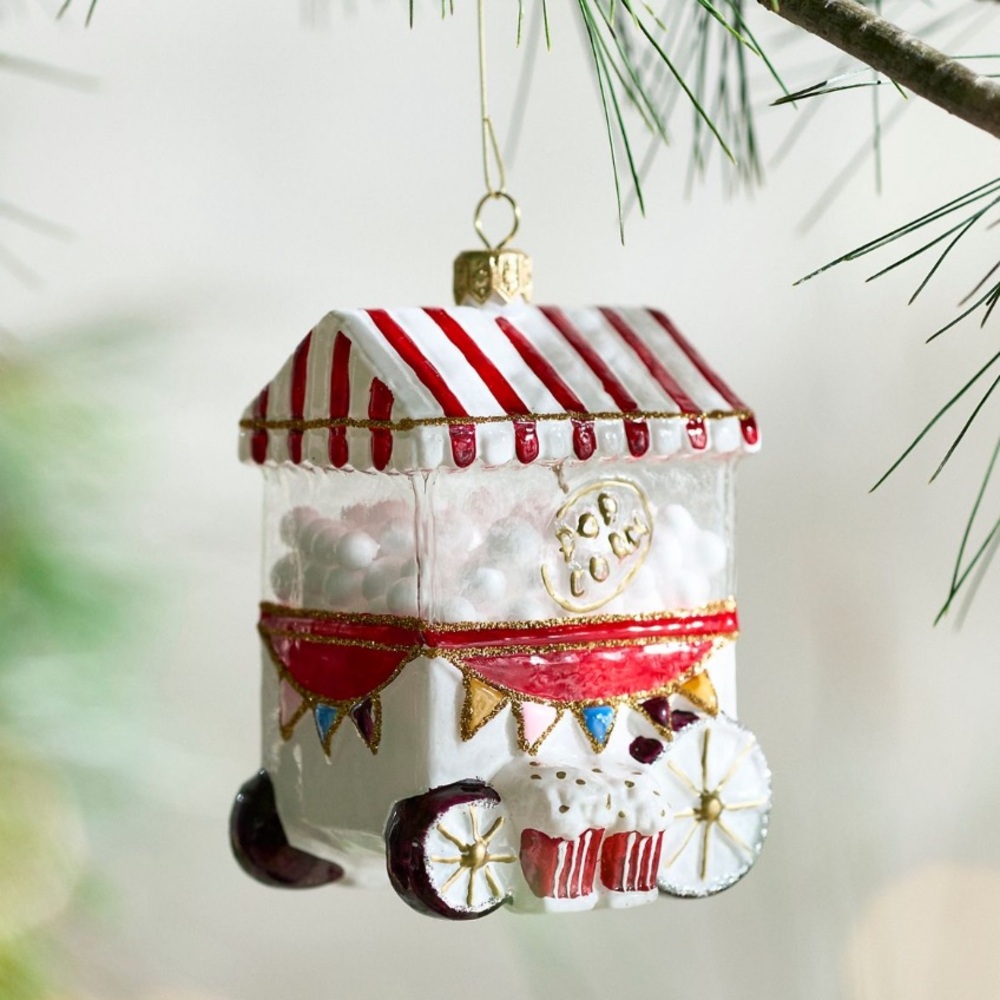 Festive Red and Gold Popcorn Stand Glass Ornament